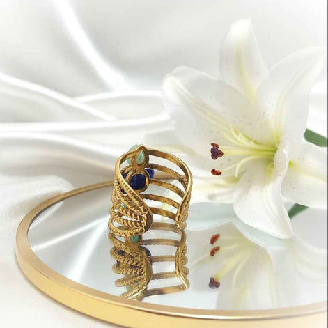 Bague doré en lapis lazuli amazonite, pièce unique