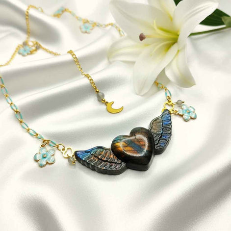Collier turquoise doré coeur en labradorite xxl