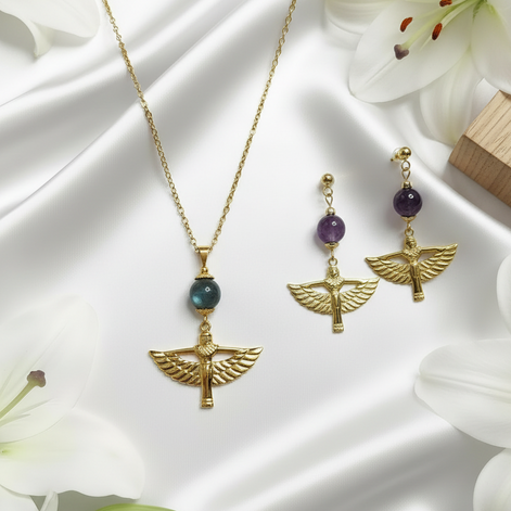 Collier et boucles d'oreilles Isis dorés
