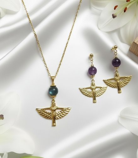 Collier et boucles d'oreilles Isis dorés