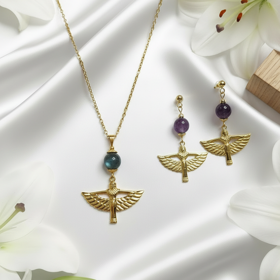 Collier et boucles d'oreilles Isis dorés