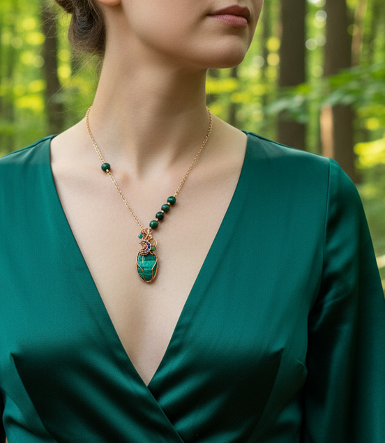 Collier doré enchanté en malachite sertie
