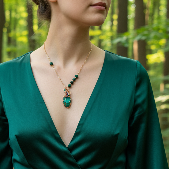Collier doré enchanté en malachite sertie