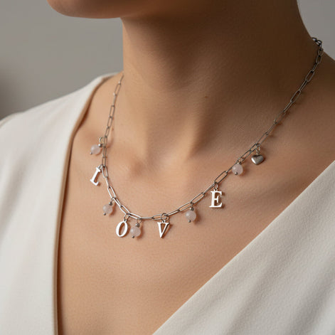 collier argenté love quartz rose