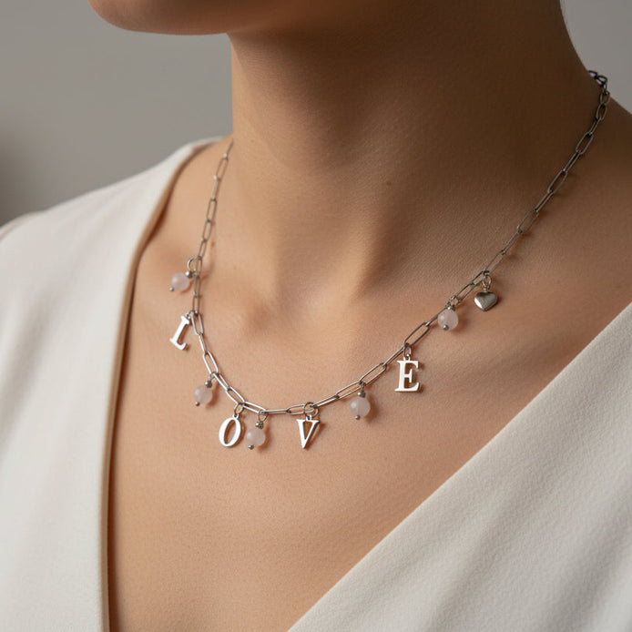 collier argenté love quartz rose