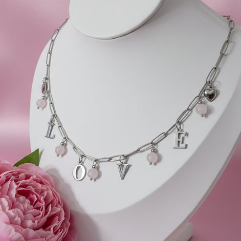 collier argenté love quartz rose