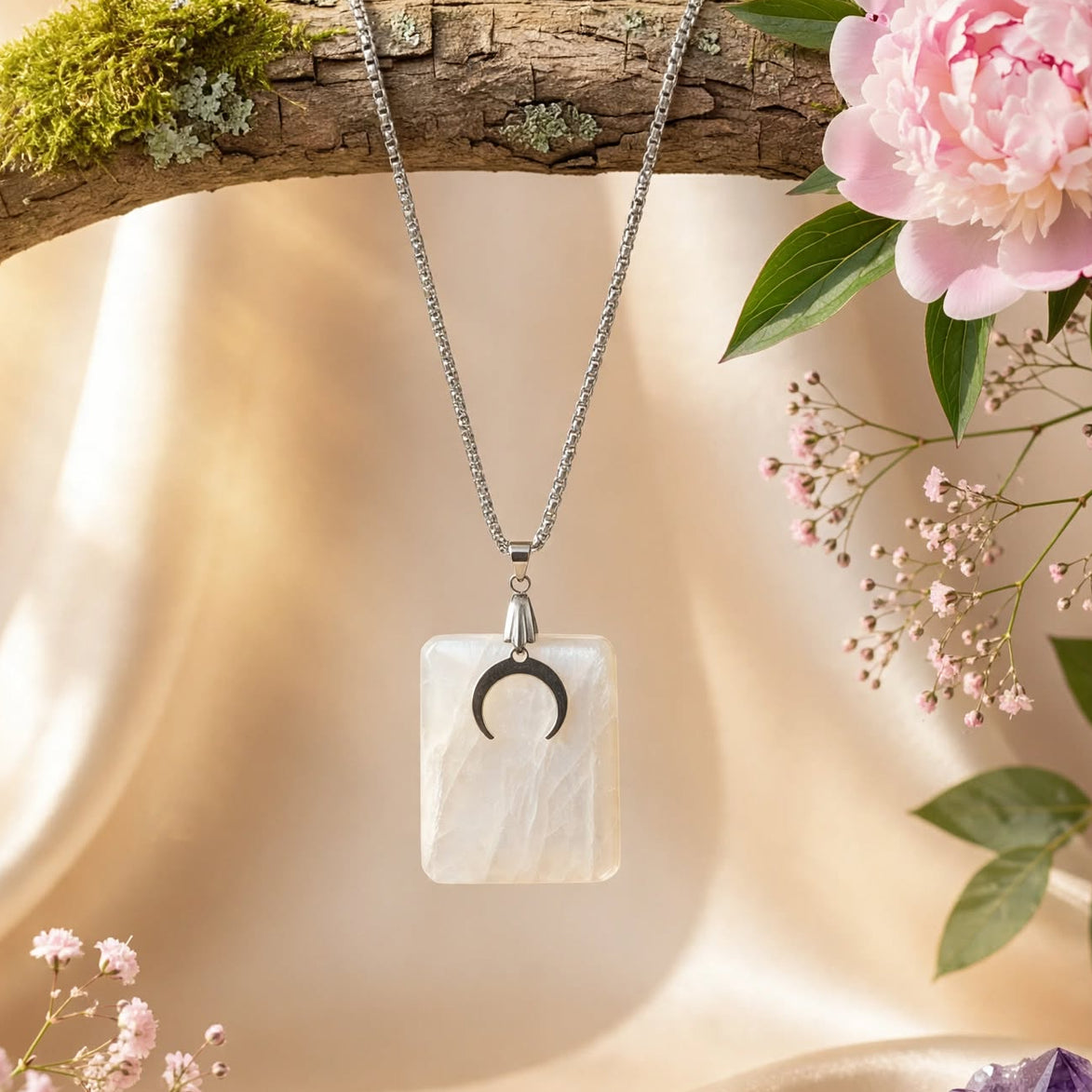 collier argenté pierre de lune extra