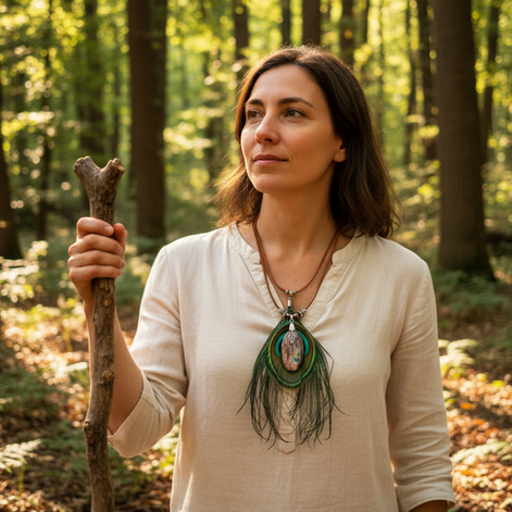 Collier chaman en labradorite, cuir naturel et plume de paon