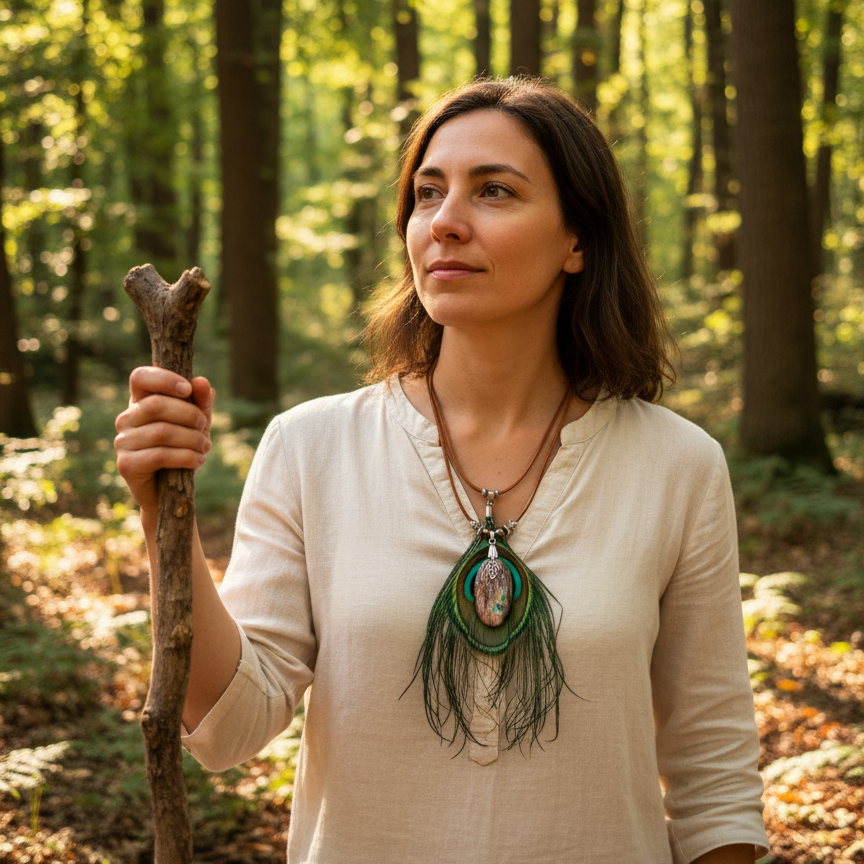 Collier chaman en labradorite, cuir naturel et plume de paon