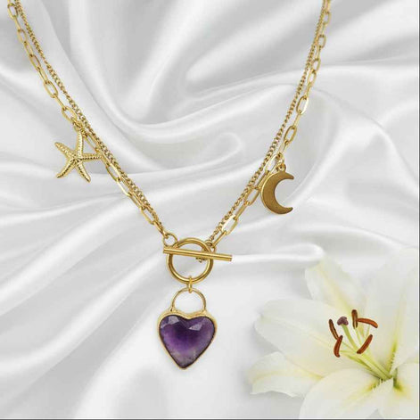 Double Collier coeur et son améthyste