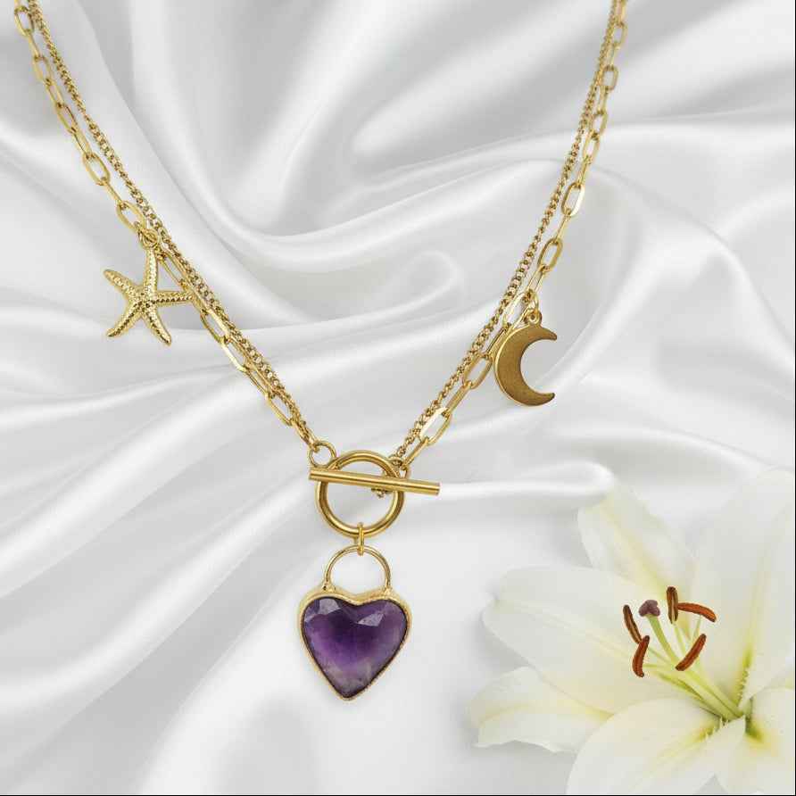 Double Collier coeur et son améthyste