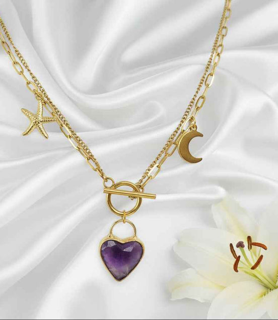 Double Collier coeur et son améthyste
