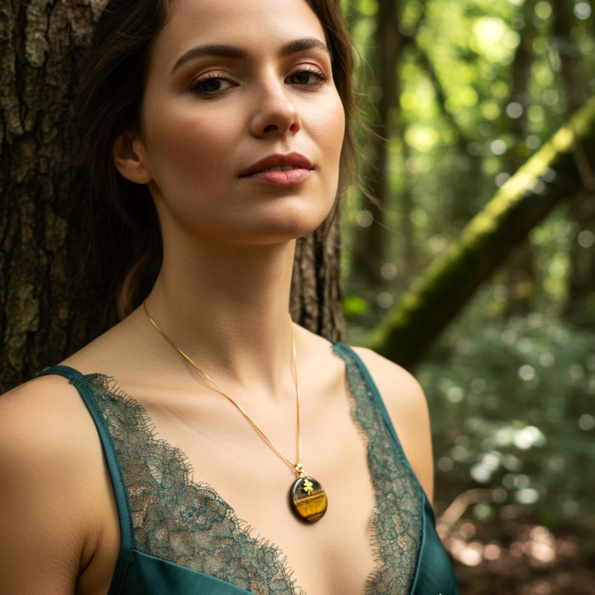 Collier doré et oeil de tigre, trèfle