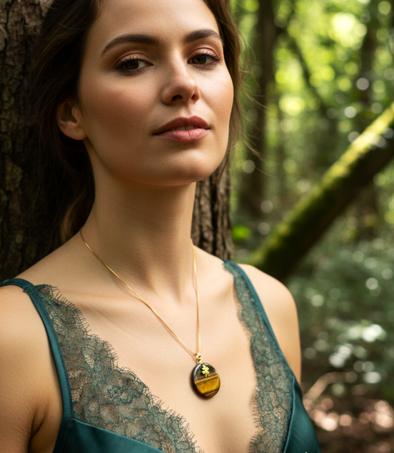 Collier doré et oeil de tigre, trèfle