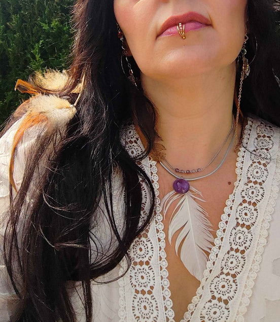 Collier en améthyste et plume céleste