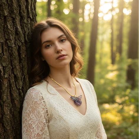 Collier doré Fée en fluorite arc en ciel sculptée
