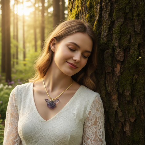 Collier doré Fée en fluorite arc en ciel sculptée
