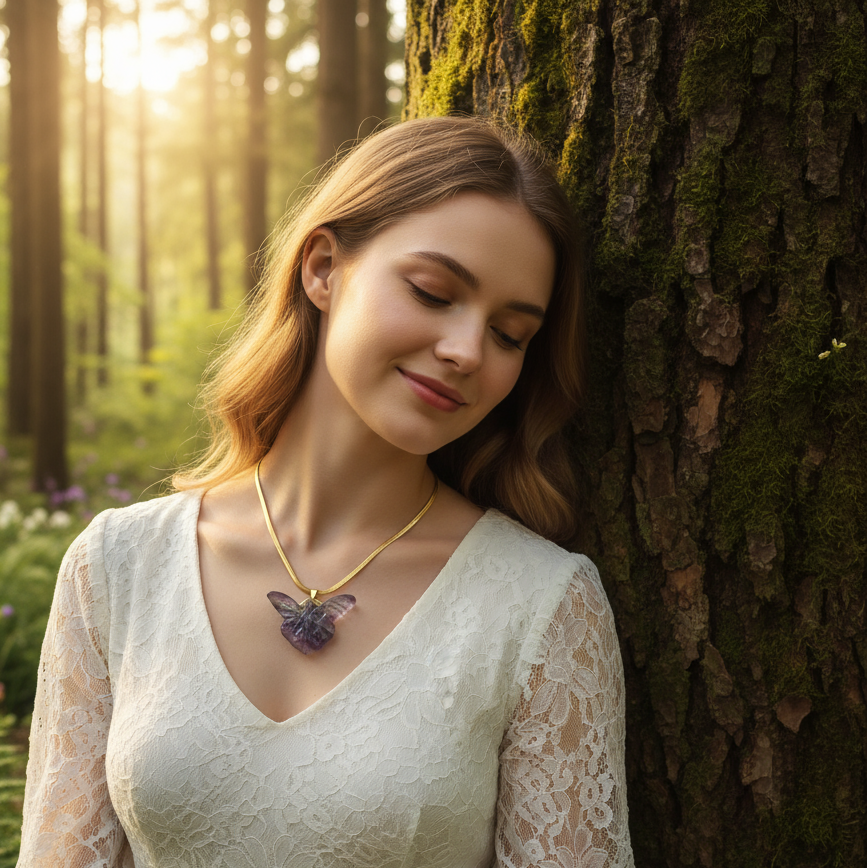 Collier doré Fée en fluorite arc en ciel sculptée