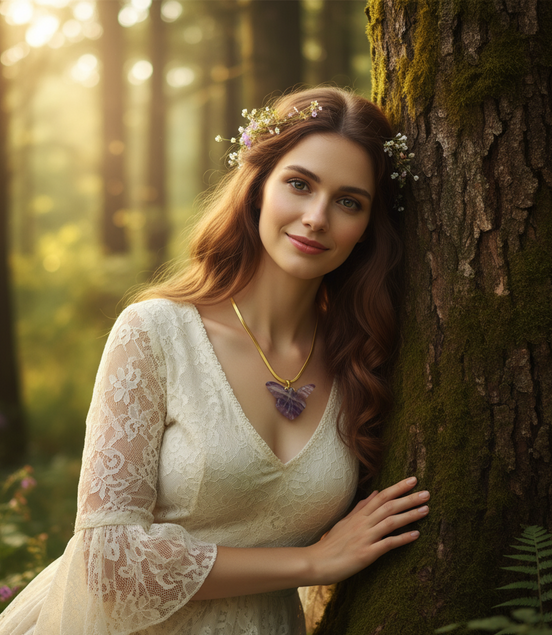 Collier doré Fée en fluorite arc en ciel sculptée