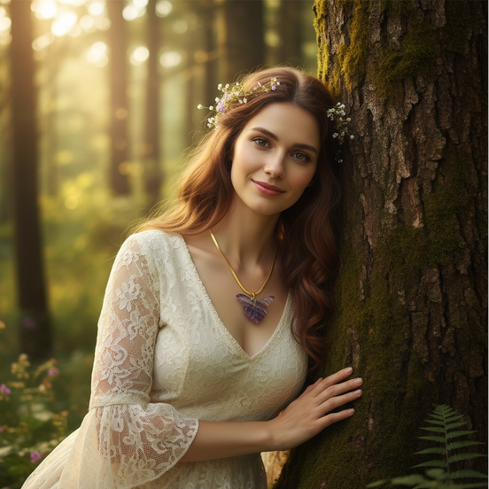 Collier doré Fée en fluorite arc en ciel sculptée