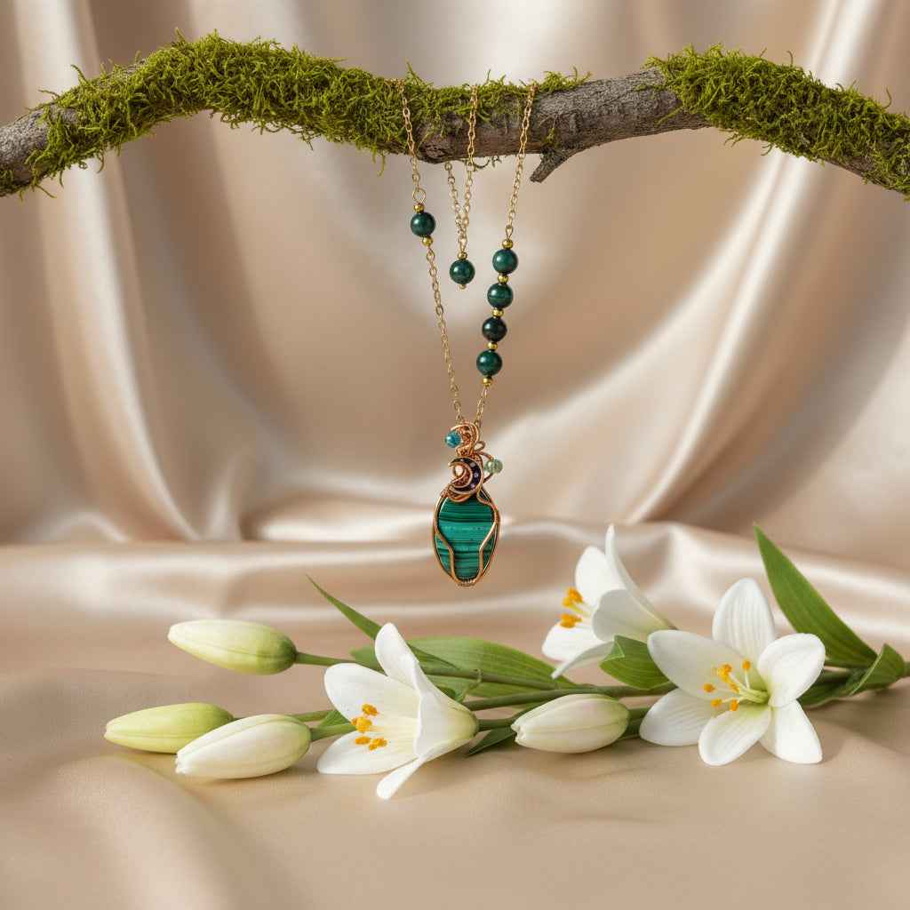 Collier doré enchanté en malachite sertie