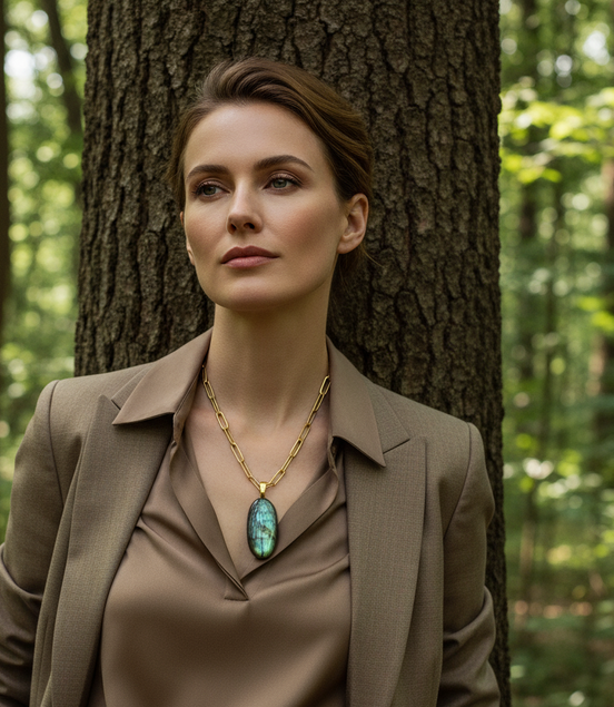 Collier doré et labradorite verte