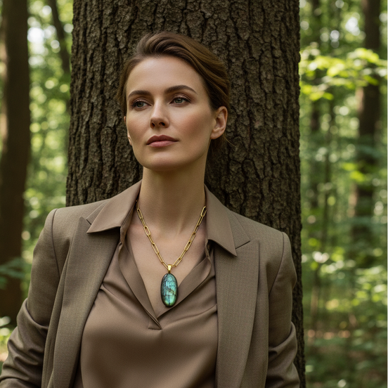 Collier doré et labradorite verte