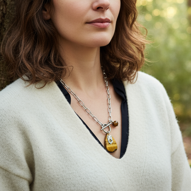 Collier argenté en Œil de Tigre et Hibou