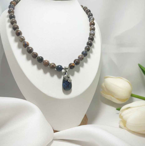 Collier de perles en pietersite réglable argenté