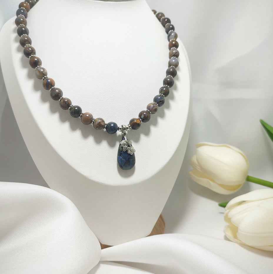 Collier de perles en pietersite réglable argenté