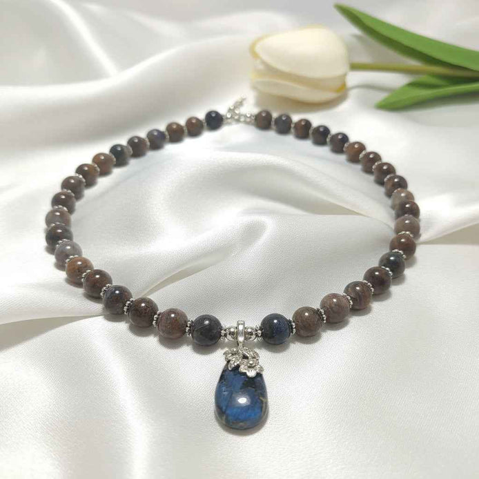 Collier de perles en pietersite réglable argenté