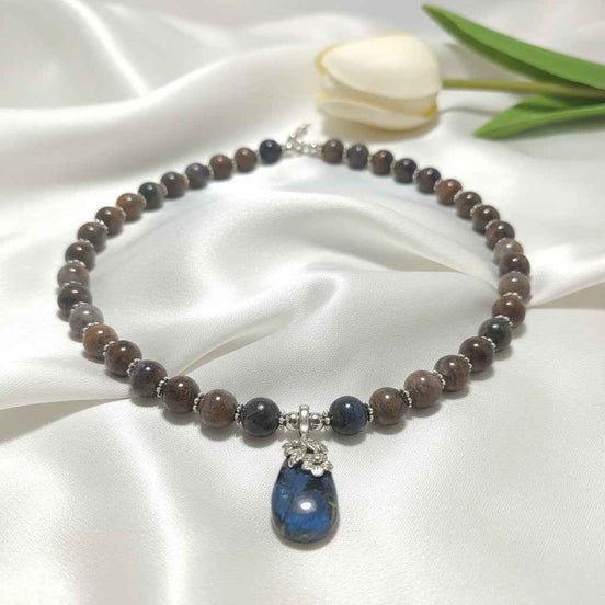 Collier de perles en pietersite réglable argenté