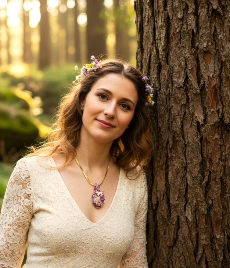 Collier doré en Rhodochrosite et petite licorne