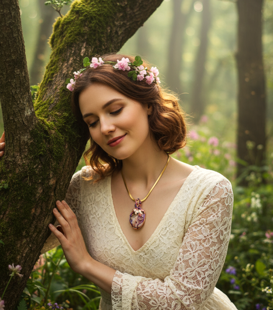 Collier doré en Rhodochrosite et petite licorne