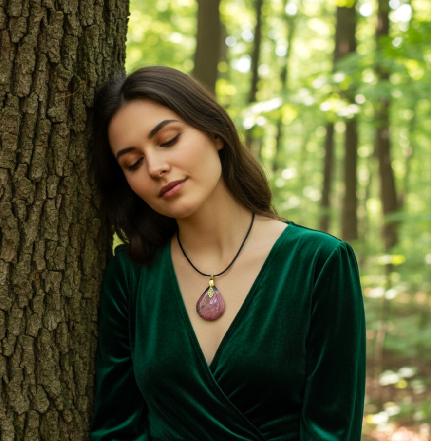 Collier et sa rhodonite extra, doré ou argenté, pierre au choix