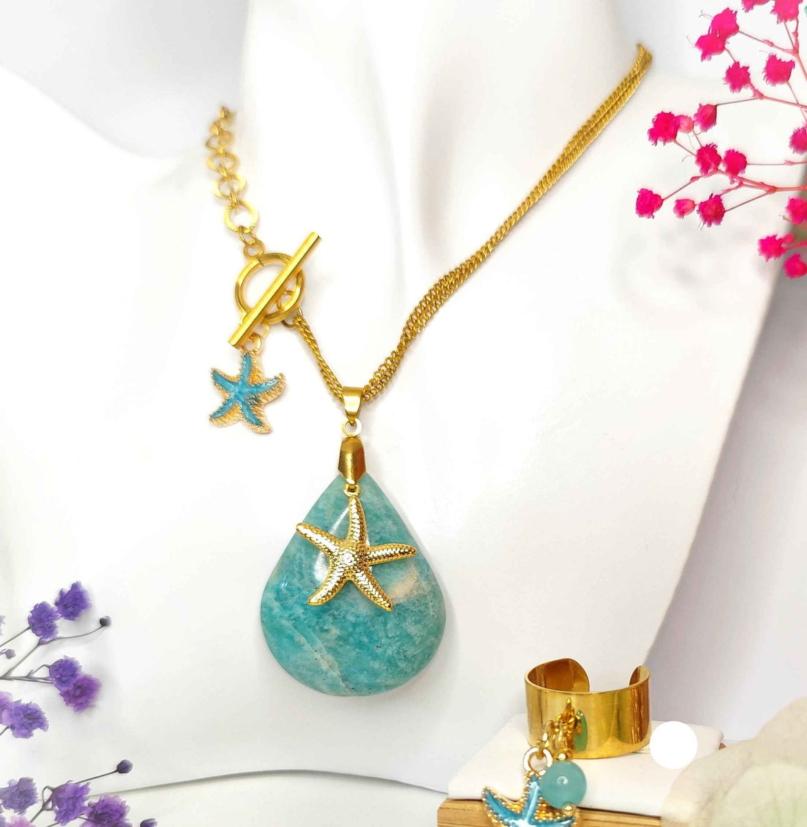 Collier Doré en amazonite, "étoile d Atlantide"