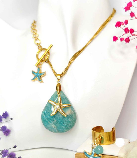 Collier Doré en amazonite, "étoile d Atlantide"