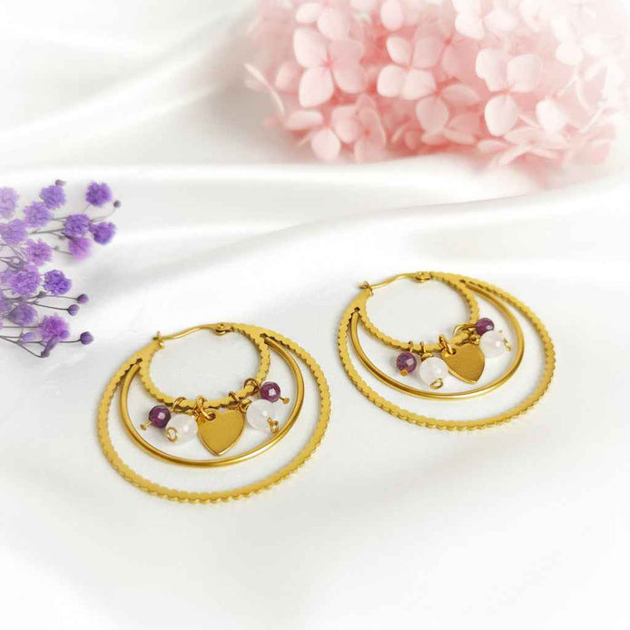 Créoles dorées et pierre de lune arc en ciel