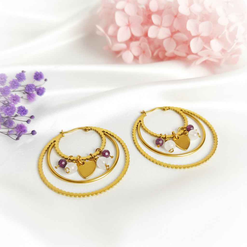 Créoles dorées et pierre de lune arc en ciel