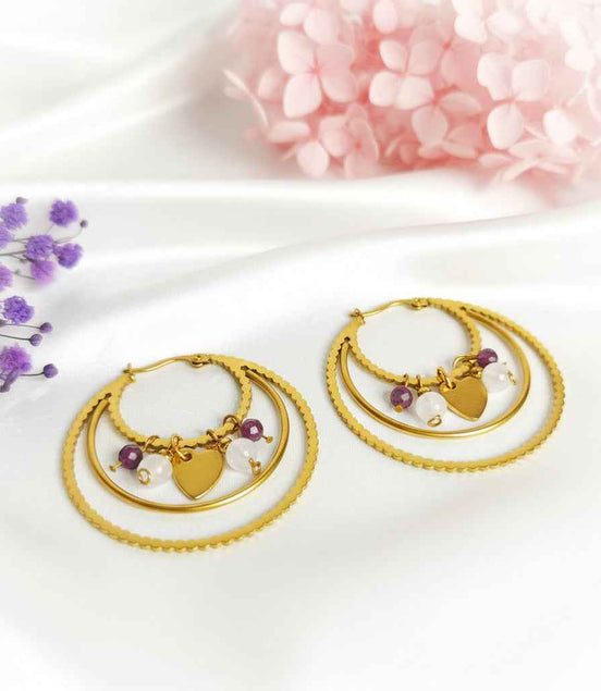 Créoles dorées et pierre de lune arc en ciel