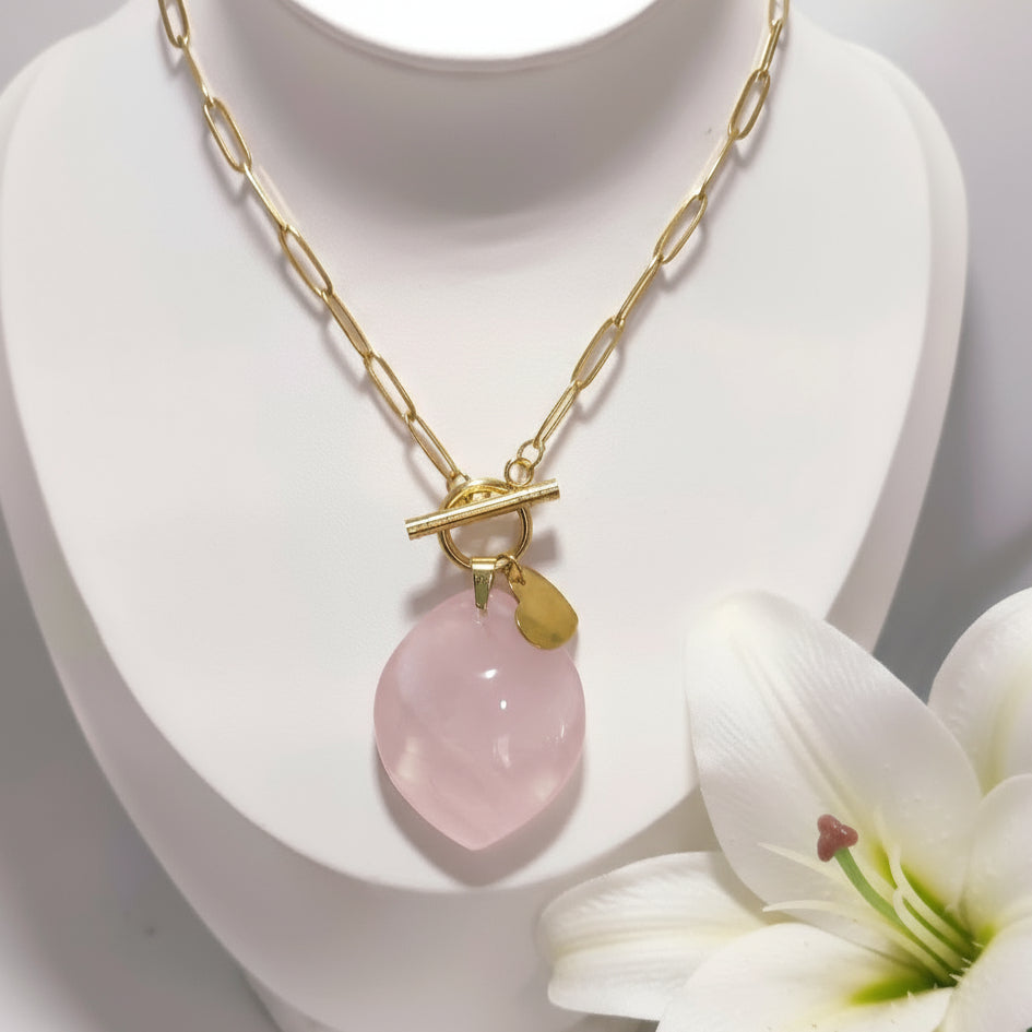 collier chaine doré et quartz rose extra
