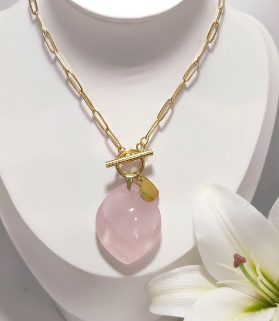 collier chaine doré et quartz rose extra
