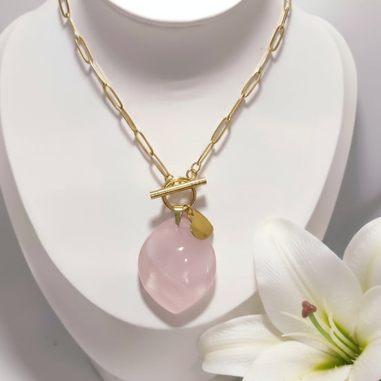 collier chaine doré et quartz rose extra