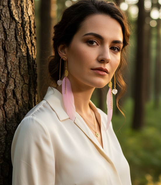 boucles d  oreilles plumes rose