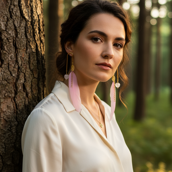 boucles d  oreilles plumes rose