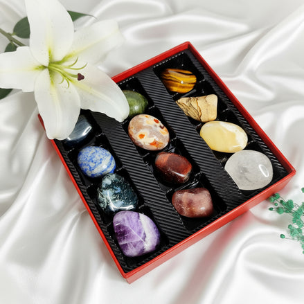 Coffret 12 Pierres Naturelles + 12 Fiches Vertus – Idée Cadeau Lithothérapie