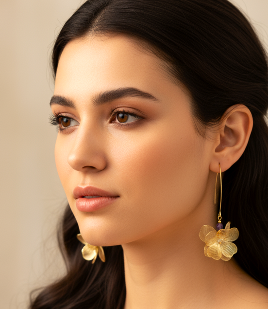 Boucles d'oreilles hortensia doré, améthyste, apatite ou malachite