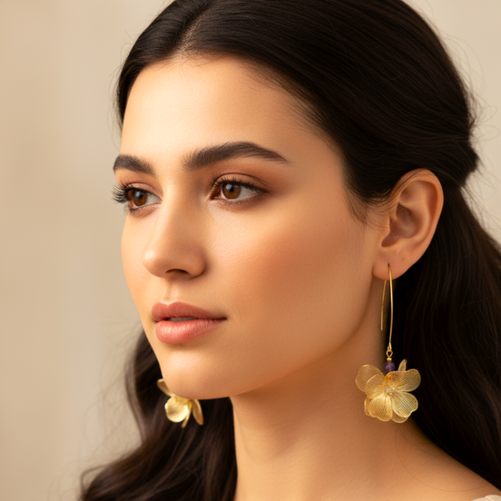 Boucles d'oreilles hortensia doré, améthyste, apatite ou malachite