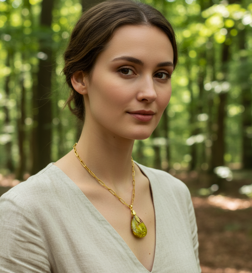 Collier doré opale verte extra, feuille, réglable