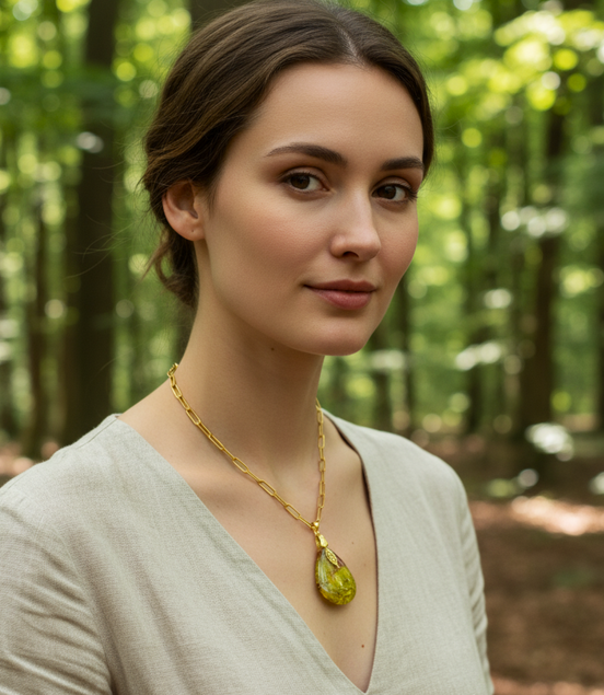 Collier doré opale verte extra, feuille, réglable